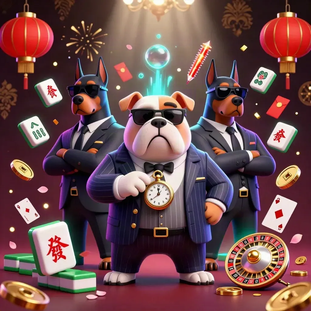 Bulldog boss and two Dobermans amid casino charms, gold coins and neon glow.