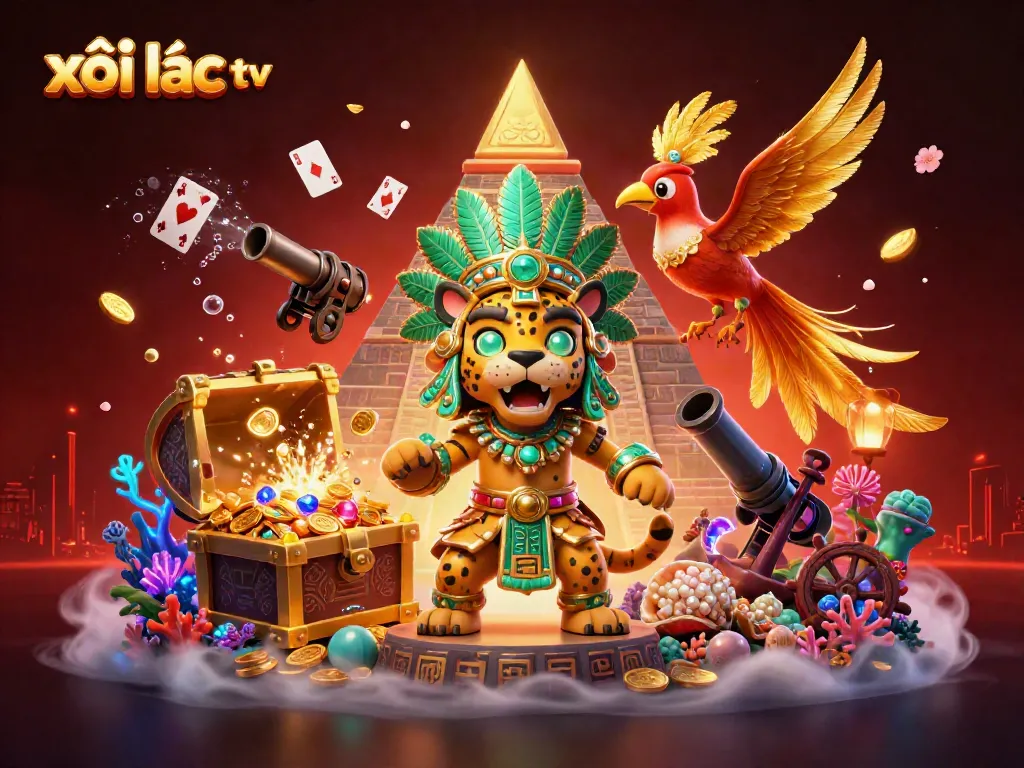 Xôi Lạc TV showcases vibrant casino elements with a Mayan theme, highlighted by gold coins and dynamic characters.