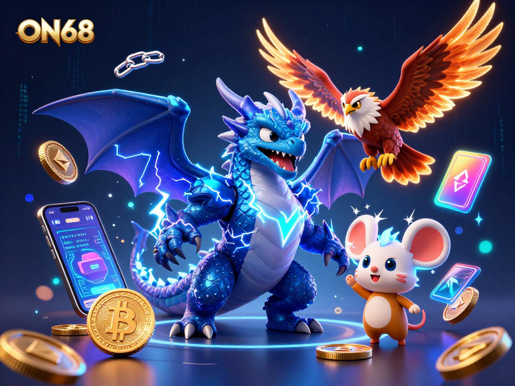Engage with ON68's electric gaming experience featuring vibrant characters and cryptocurrency elements