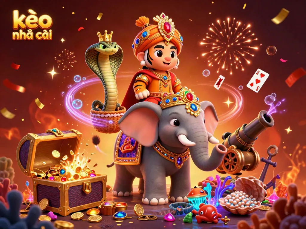 Engage with kèo nhà cái action as the maharaja tiger rides a jewel-encrusted elephant among an explosion of treasure and vibrant elements.