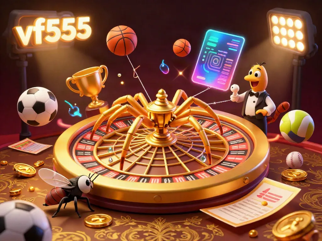 Engage with vf555's exciting casino atmosphere featuring dynamic gaming action and vibrant characters.