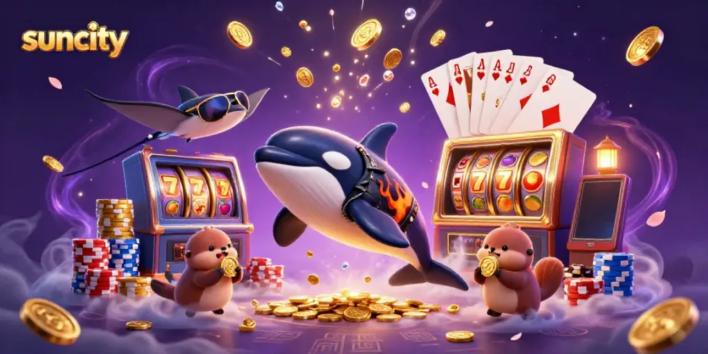 Experience thrilling action with Suncity's orca biker, a stingray, and sea otters surrounded by riches.