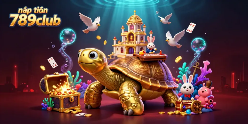 Nạp tiền 789club with a cartoon tortoise casino, dealer at card table, and flying coins.