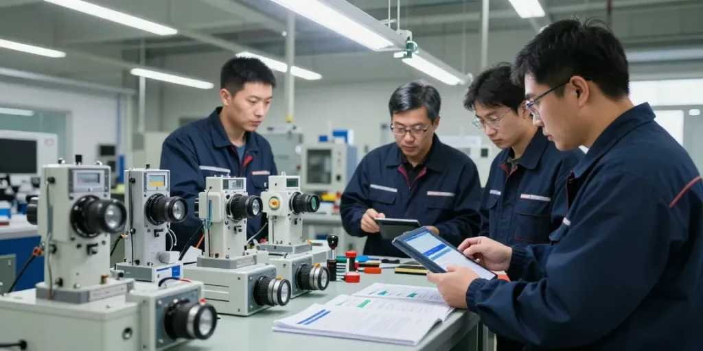 Engineers calibrating mechanical vacuum switches in an industrial workspace.