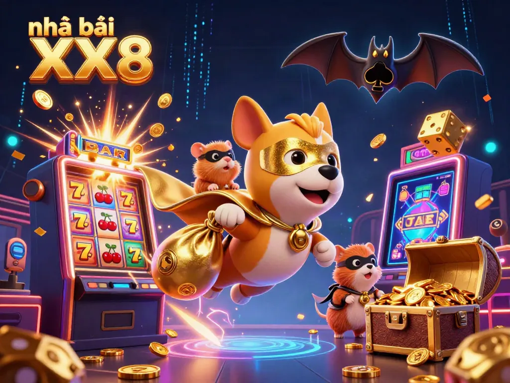Experience the excitement of Nhà cái XX8 as a superhero dog and hamster fly through a colorful jackpot scene.