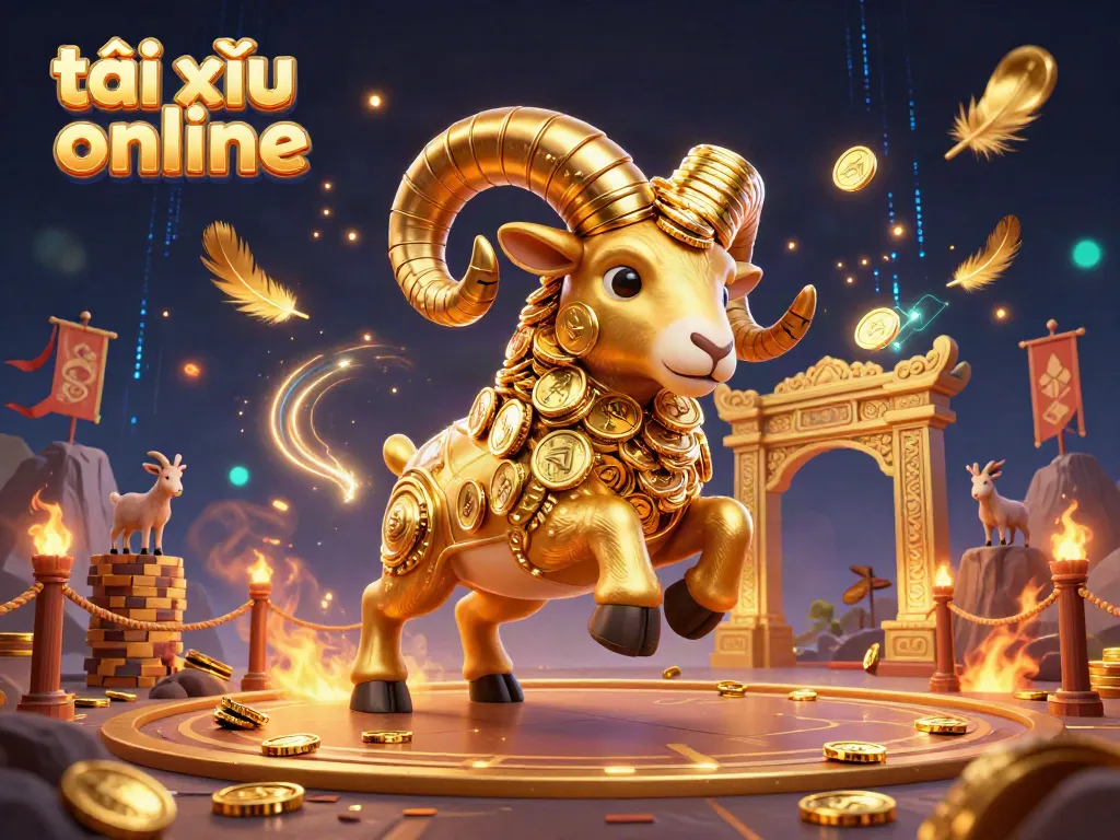 Engage with tài xỉu online, represented by a dynamic scene of a golden ram charging through a temple gate.