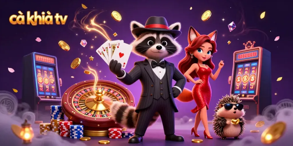 Cà khịa tv features a suave raccoon and fox lady in a vibrant casino atmosphere.