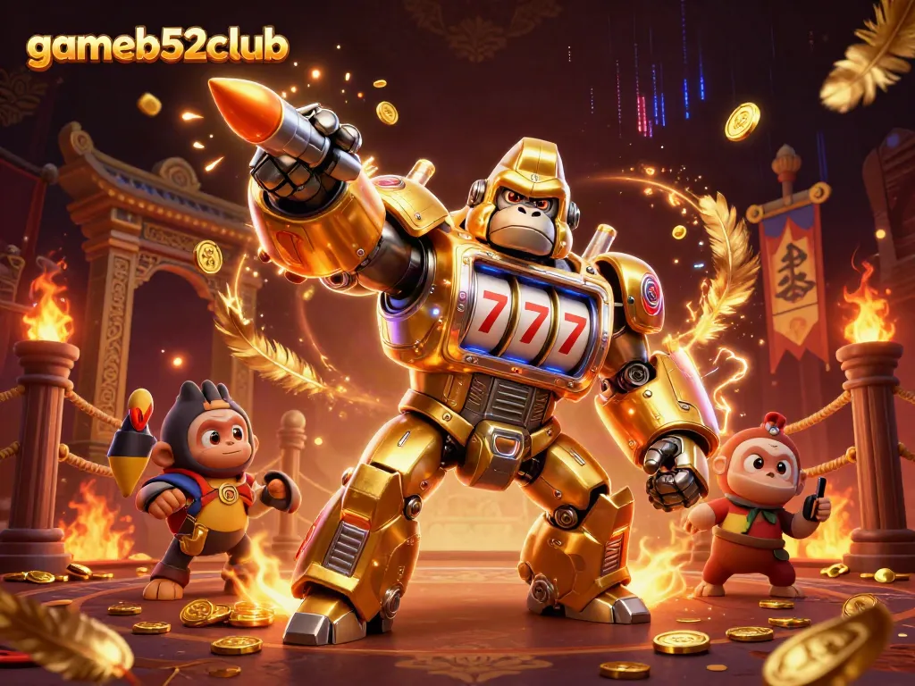 Engage in gaming action at gameb52club with a dynamic 3D casino illustration featuring a gorilla mech.