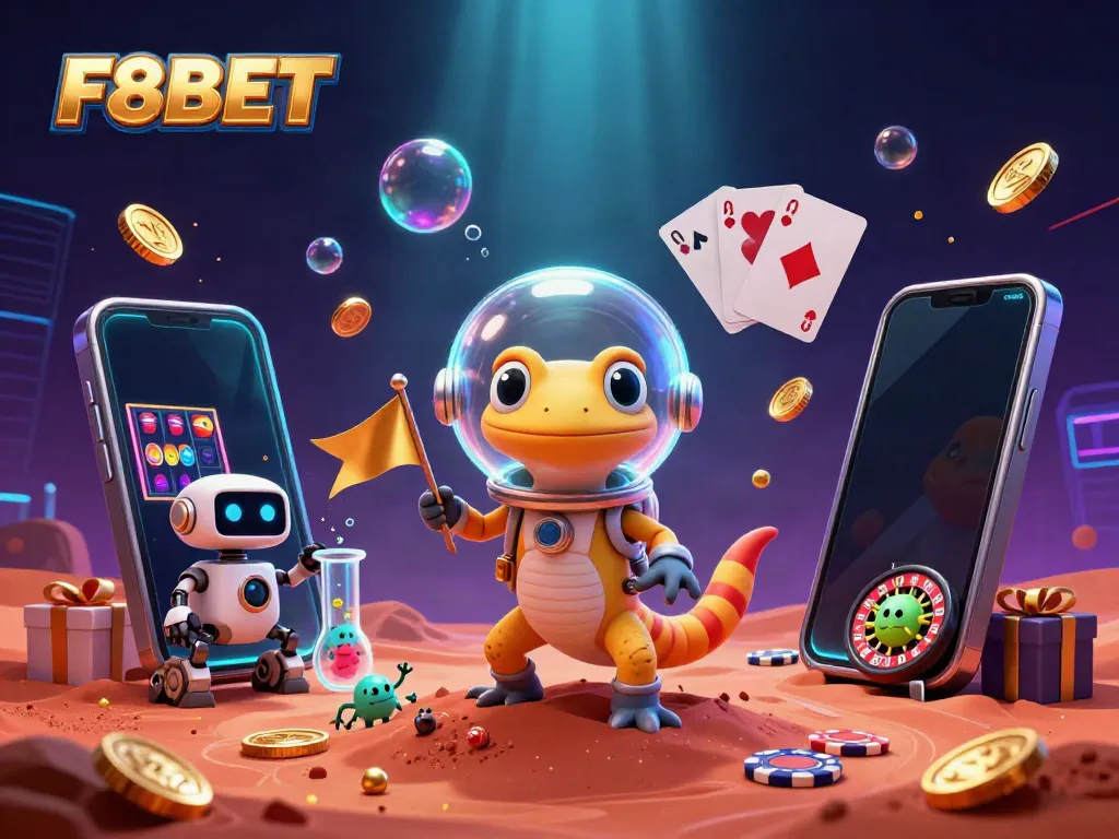 F8BET Martian gecko discovers an ancient casino on Mars with vibrant game elements and glowing visuals