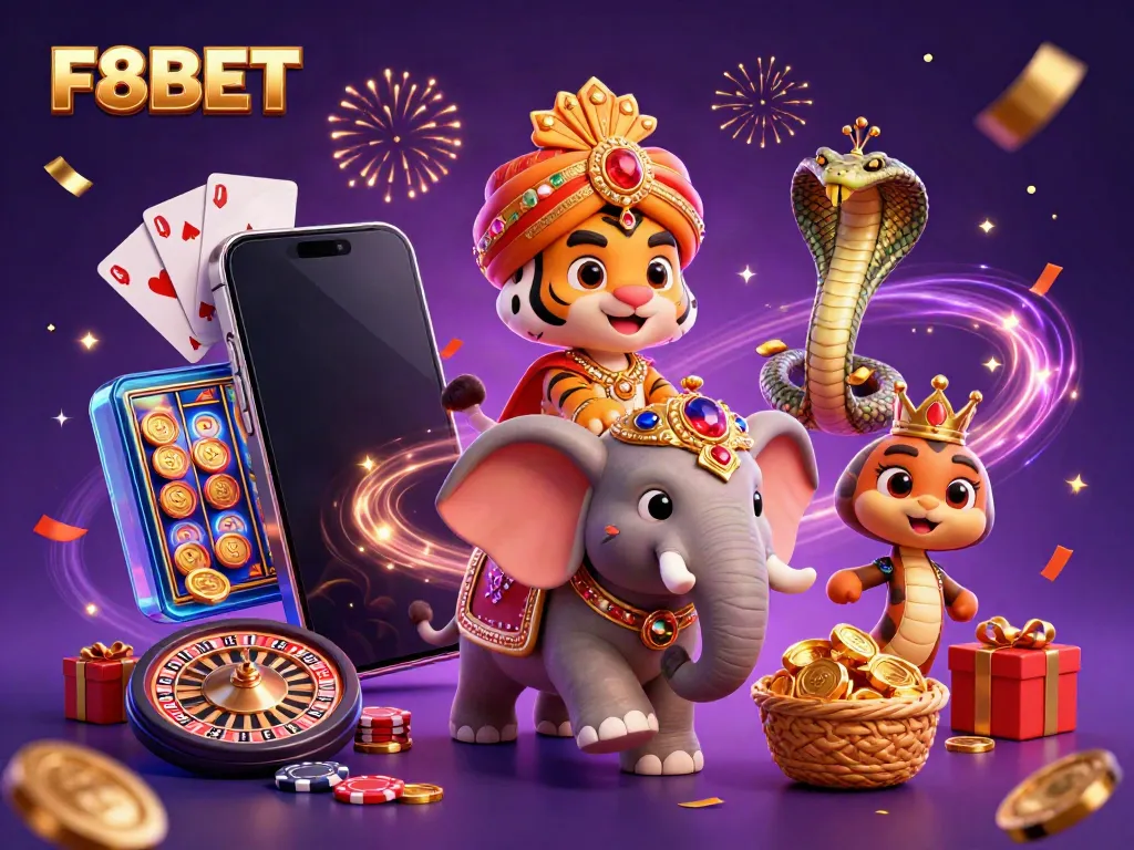 Engage with F8BET's vibrant gaming scene with a rich 3D illustration of an Indian maharaja tiger and casino elements.