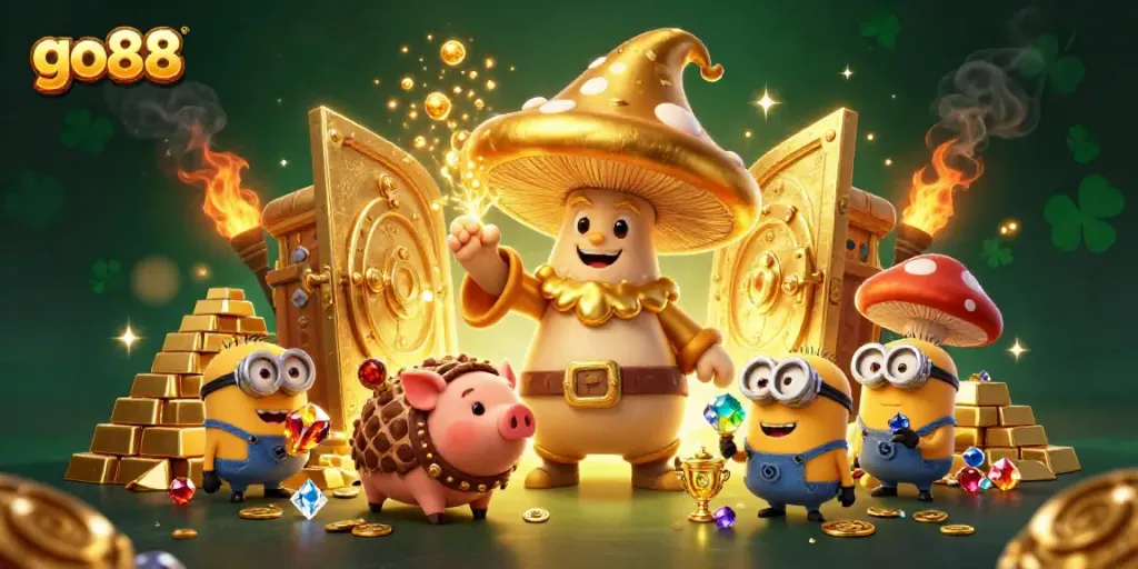 Engage with go88's vibrant gaming world featuring lively characters amidst gold treasures and captivating casino elements.