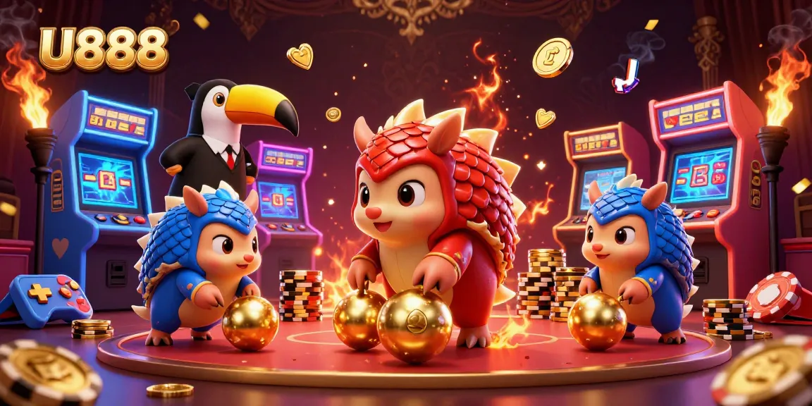 U888 pangolins compete in a colorful casino scene, rolling golden balls through poker chips.