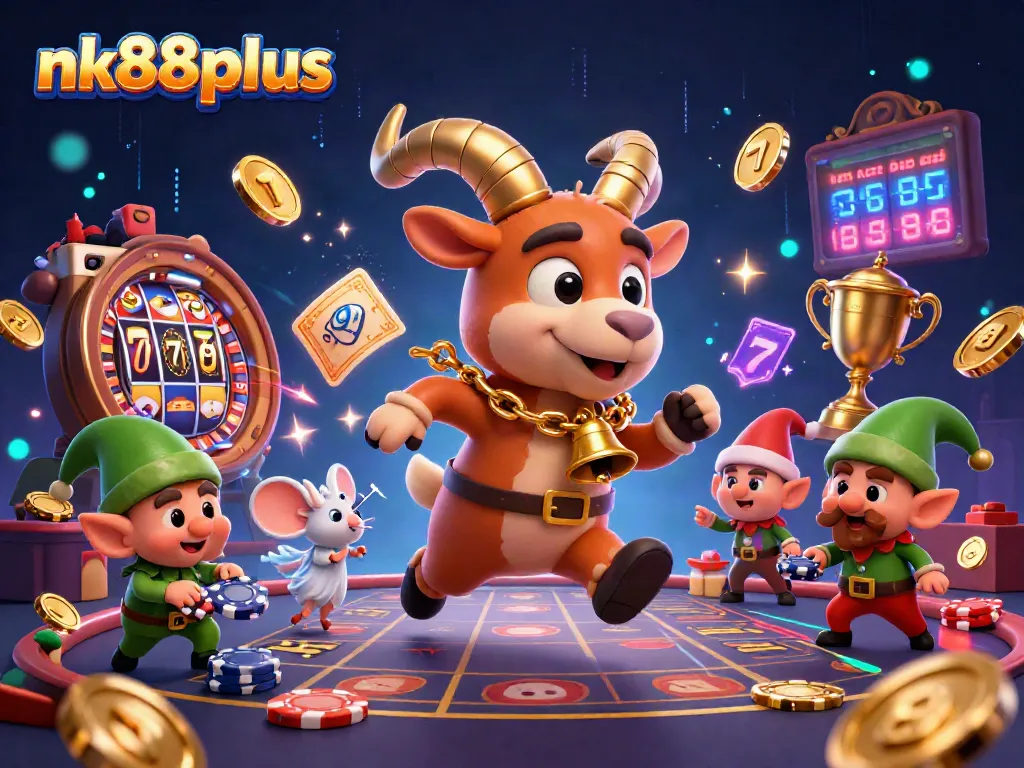 Engage with nk88plus at a vibrant casino scene with Krampus, an angel mouse, and mischievous elves.