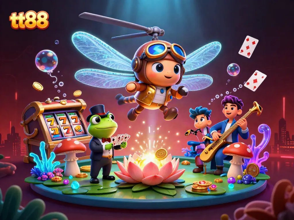 Experience the thrill of tt88 with a dynamic scene featuring a dragonfly pilot and frog croupier in a vibrant casino setting.