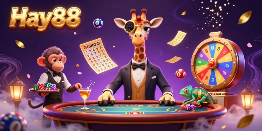 Experience the vibrant excitement of Hay88 with a high-roller giraffe, poker action, and dynamic lottery elements.