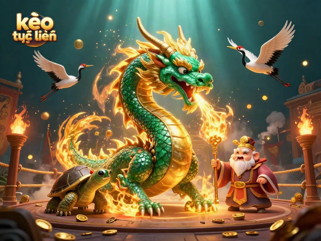 Engage in thrilling kèo trực tuyến action with a jade dragon, turtle sage, and lucky cranes.