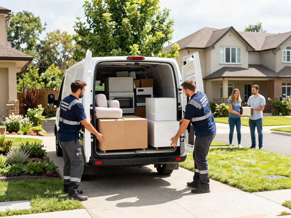 House movers carefully packing a family's belongings into a van in a sunny neighbourhood.