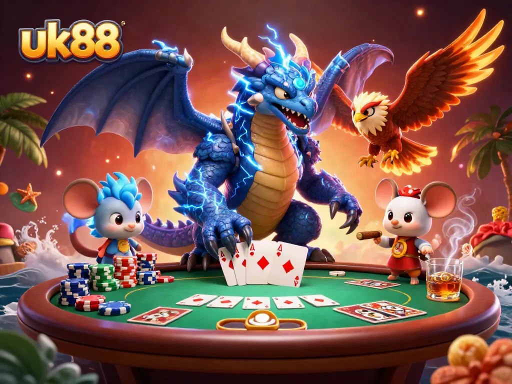 uk88 engages players with thrilling poker and vibrant casino elements set in a captivating 3D illustration.