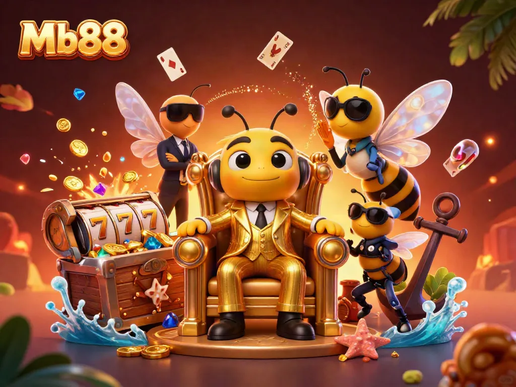 Experience the thrilling world of Mb88 with a creative 3D casino scene featuring vibrant characters and game elements.