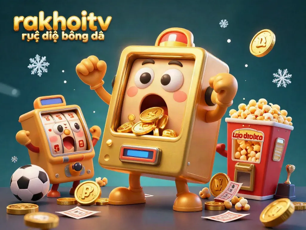 Experience the excitement of rakhoitv trực tiếp bóng đá with our lively illustration featuring a jackpot-winning slot machine and cheering fans.