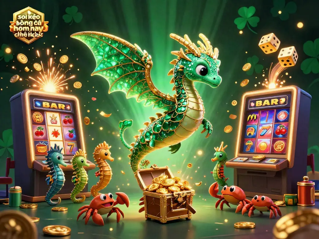 Engaging scene depicting soi kèo bóng đá hôm nay chính xác with a vibrant sea dragon and slot machine excitement.