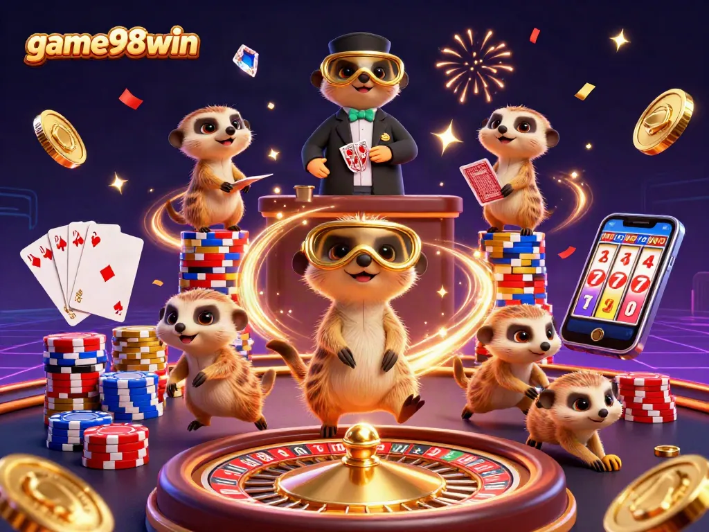 Experience the vibrant atmosphere of game98win with animated meerkats in a casino scene full of excitement.