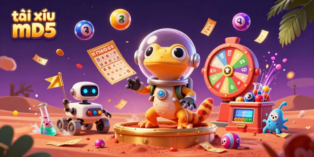 Engage in the excitement of tài xỉu md5 with a whimsical Martian gecko discovering a golden casino on Mars.