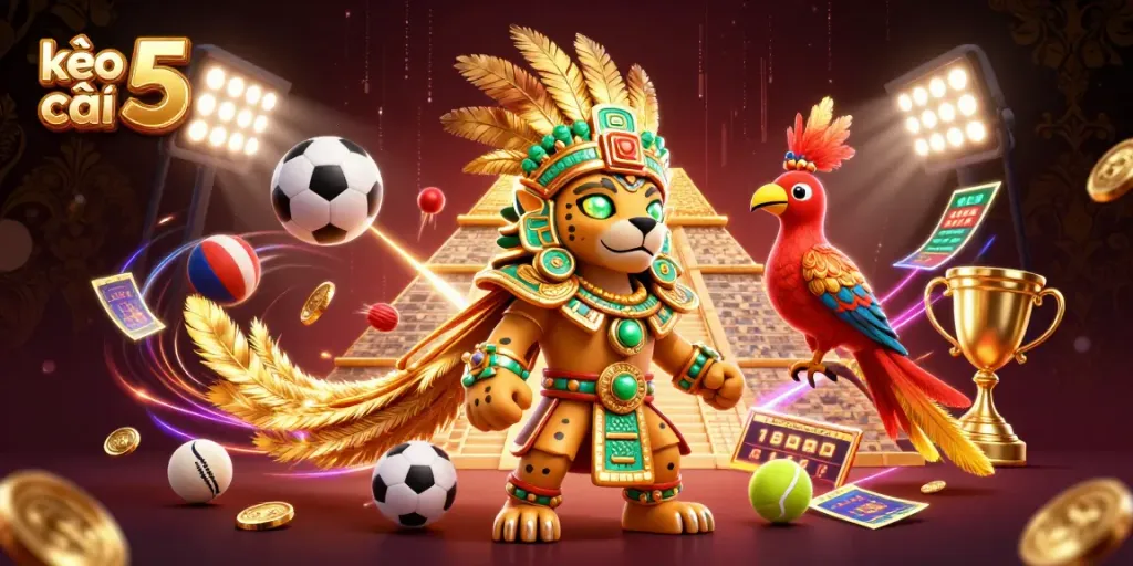 Engage with kèo nhà cái 5 through dynamic sports betting elements including trophy cups and betting slips.