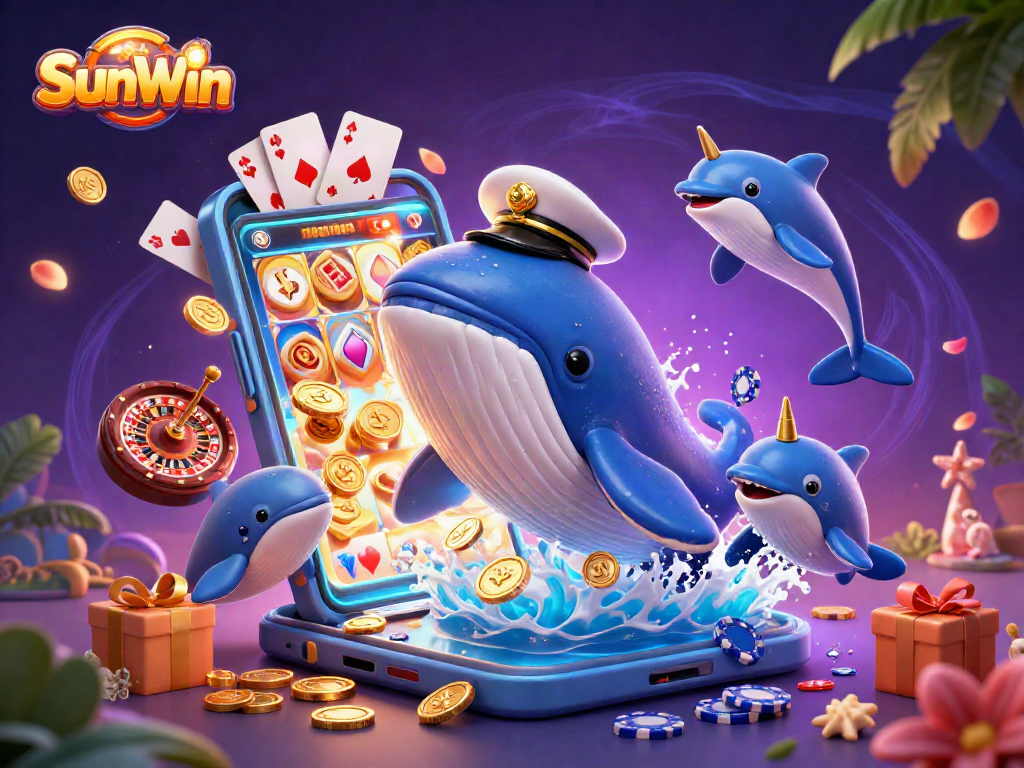 SunWin captures the excitement of slots with a lively illustration of a whale, narwhal, and dolphins amidst casino elements.