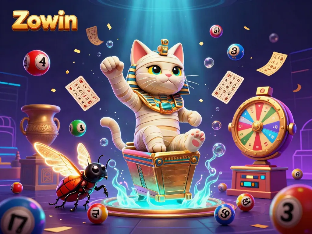 Experience thrilling wins at Zowin with a vibrant casino scene featuring a mummy cat, glowing scarab, and dynamic lottery elements.