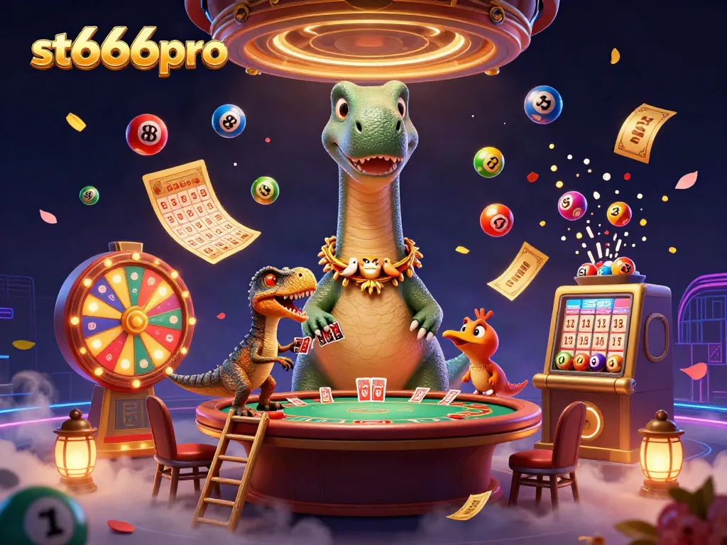 Engage with st666pro's exciting lottery balls and vibrant gaming elements in a dynamic casino scene.