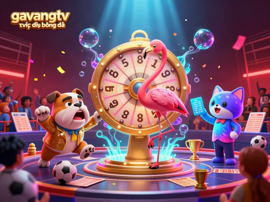 Experience the excitement of gavangtv trực tiếp bóng đá with dynamic sports betting elements, colorful characters, and vibrant glow effects.