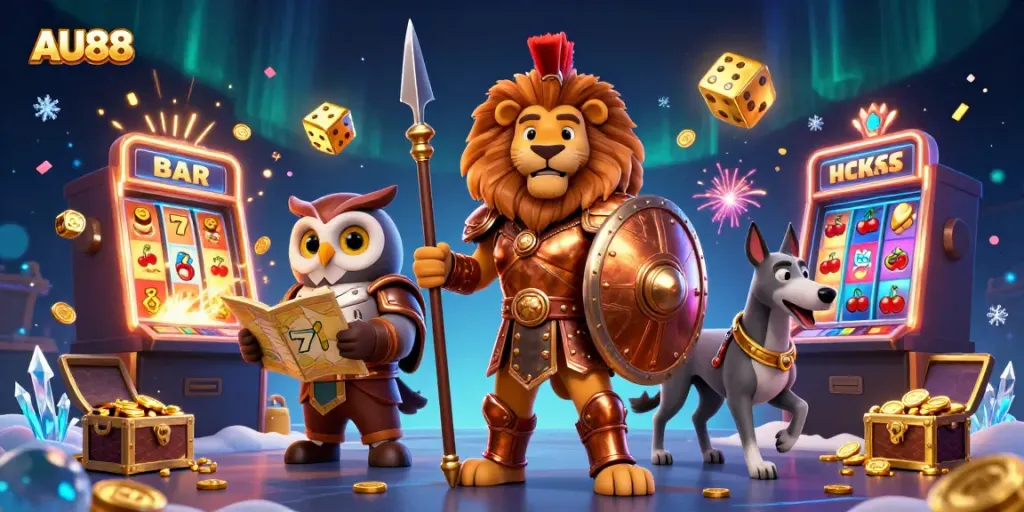 Experience AU88 with a vibrant casino scene featuring a Spartan lion, an owl strategist, and a greyhound amidst slot machines and jackpots.