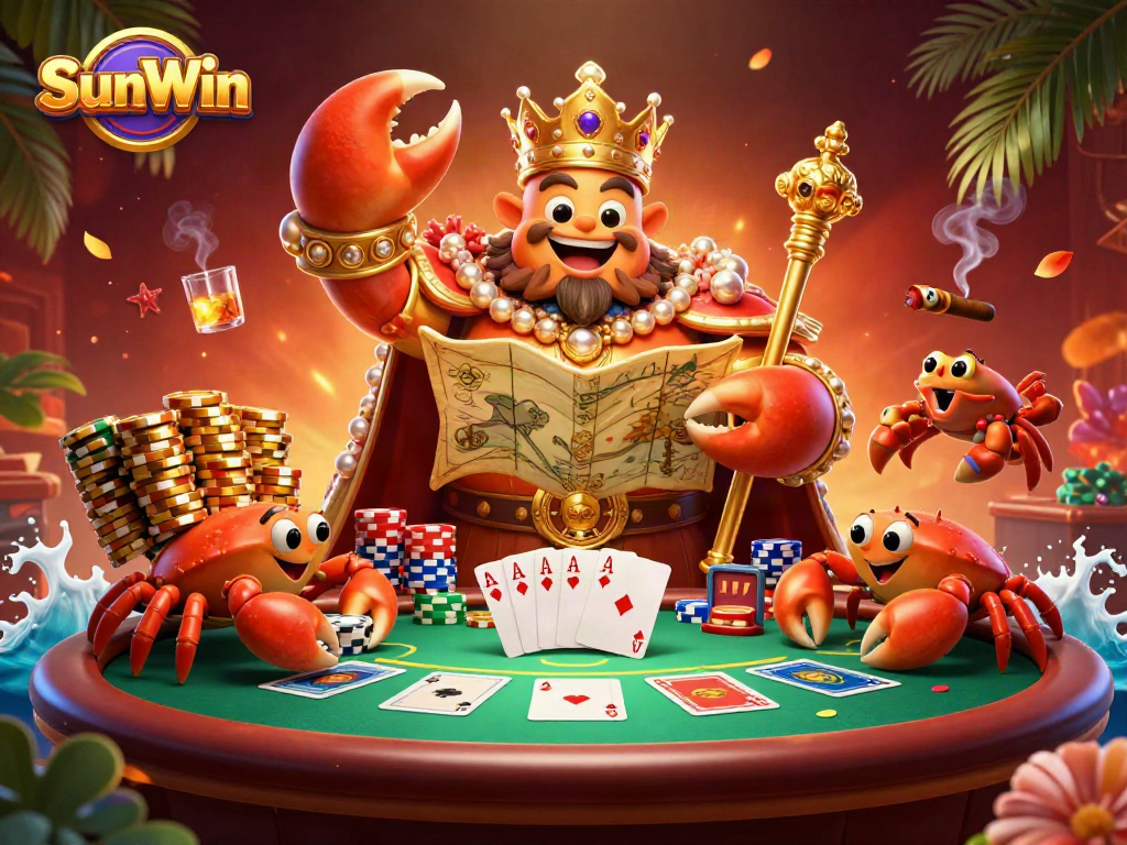 Engage with SunWin's vibrant casino scene featuring a golden crab emperor and poker elements.