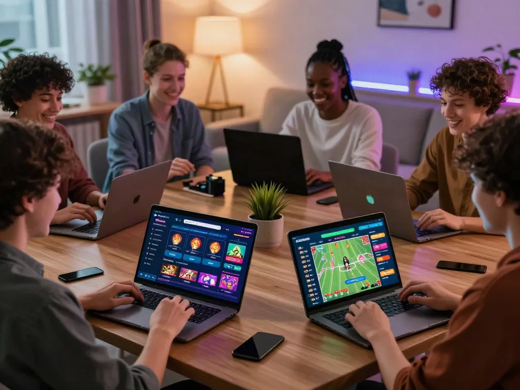 Engaging scene of players using devices on GEM88, showcasing the online betting community in a modern living room.