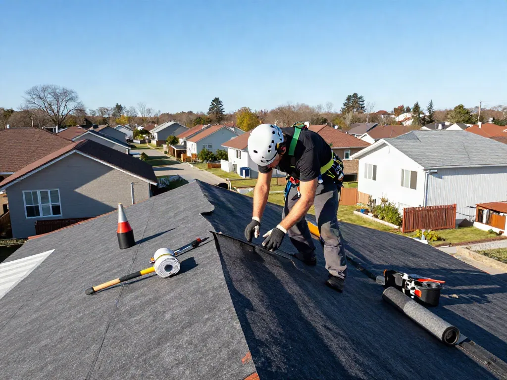 Professional roofer applying felt roof materials on a residential flat roof.