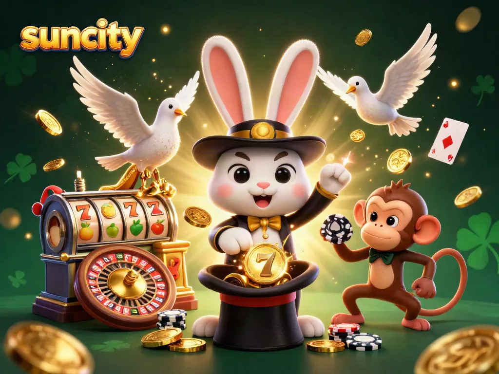 Experience the exhilarating action of Suncity's dynamic casino scene with vibrant characters and sparkling elements.