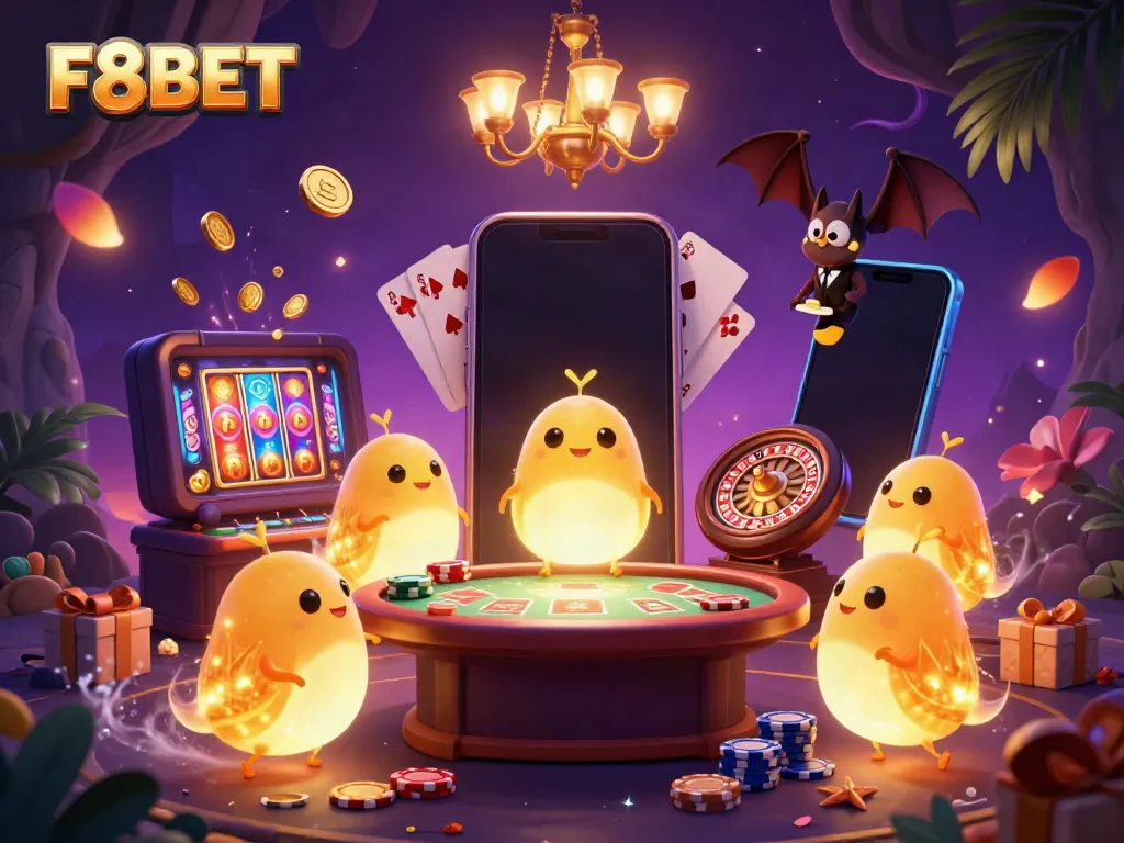 Experience thrilling games at F8BET with vibrant glowworms lighting up a casino scene.