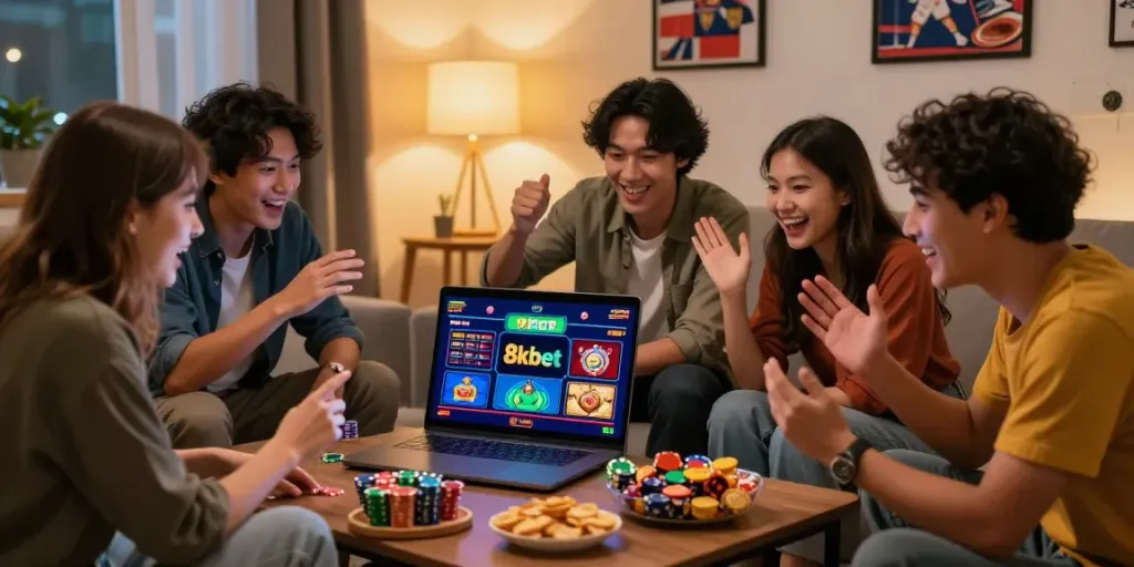 Friends enjoying an online betting experience on 8kbet in a lively living room.